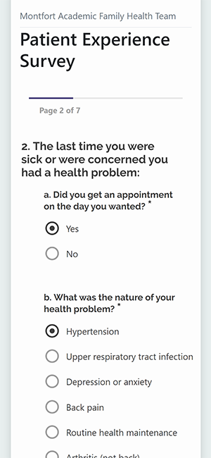 Screen capture of patient survey on mobile device.
